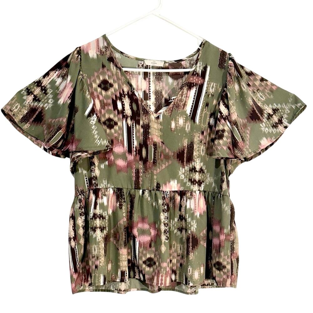 Entro (Anthropologie) Olive Southwestern Flutter Sleeve Peplum Blouse size L